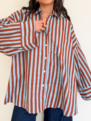 Front view of the Signature Big Shirt in blue and brown stripe, oversized block-printed cotton