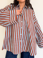Load image into Gallery viewer, Front view of the Signature Big Shirt in blue and brown stripe, oversized block-printed cotton