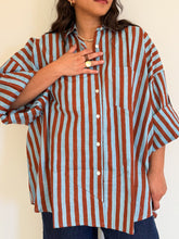 Load image into Gallery viewer, Signature Big Shirt in blue and brown stripe, showing oversized fit and hand block-printed cotton