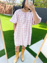 Load image into Gallery viewer, Puff Sleeve Dress in Pink Gingham Block Print
