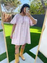 Load image into Gallery viewer, Puff Sleeve Dress in Pink Gingham Block Print
