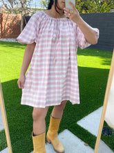 Load image into Gallery viewer, Puff Sleeve Dress in Pink Gingham Block Print
