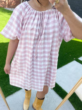 Load image into Gallery viewer, Puff Sleeve Dress in Pink Gingham Block Print
