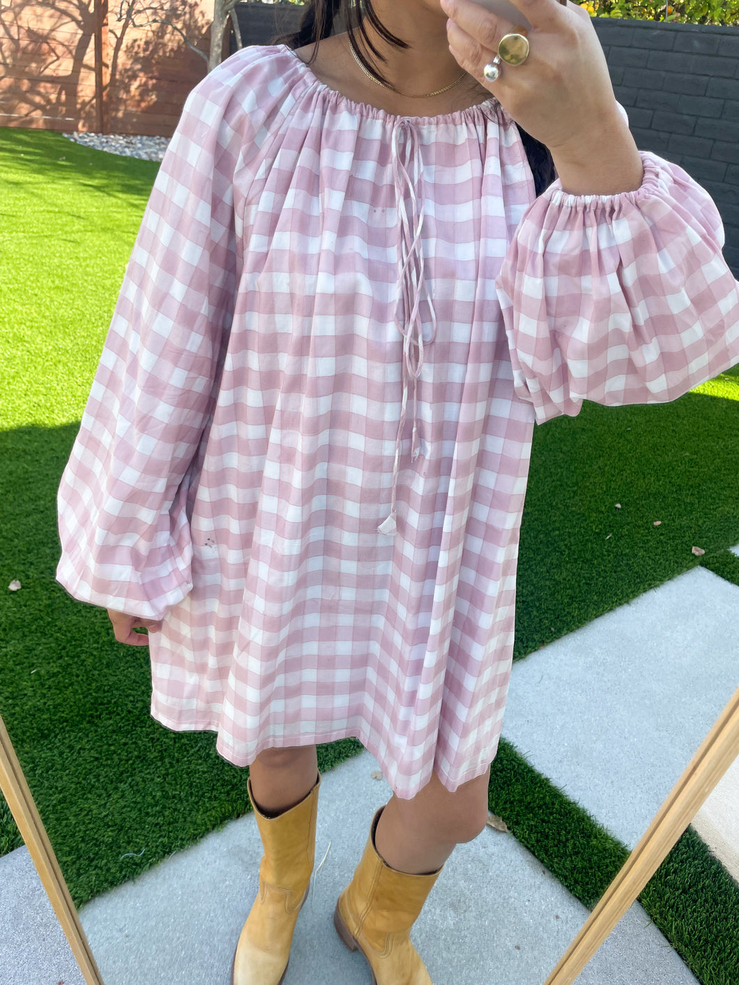 Poet Dress in Pink Gingham Block Print