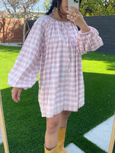 Load image into Gallery viewer, Poet Dress in Pink Gingham Block Print
