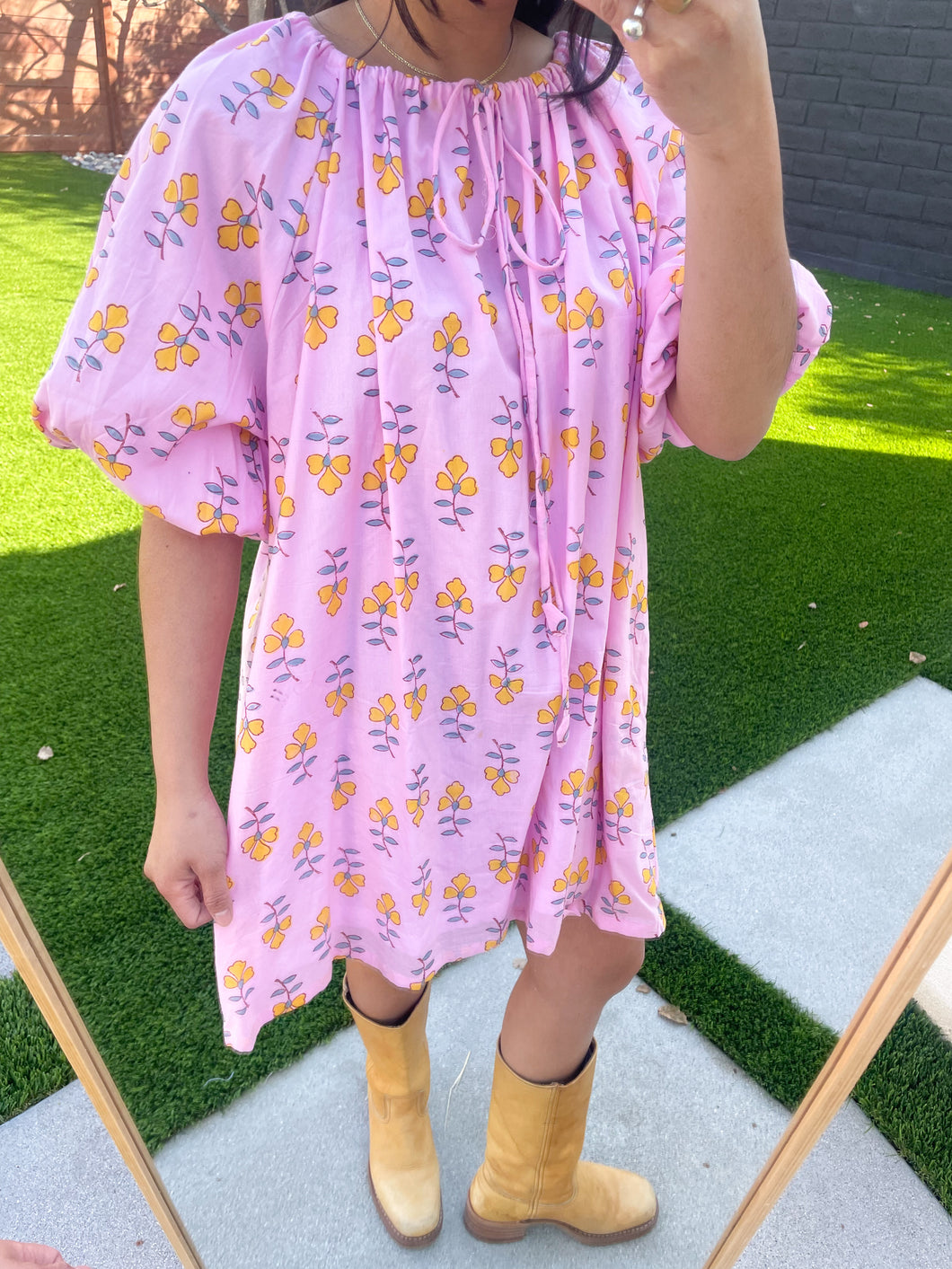 Puff Sleeve Dress in Pink Floral Block Print