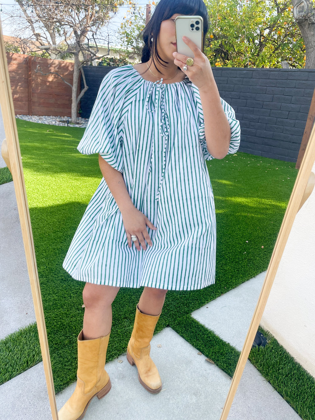 Puff Sleeve Dress in Green Stripe Block Print