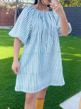 Load image into Gallery viewer, Puff Sleeve Dress in Green Stripe Block Print
