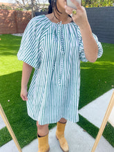 Load image into Gallery viewer, Puff Sleeve Dress in Green Stripe Block Print
