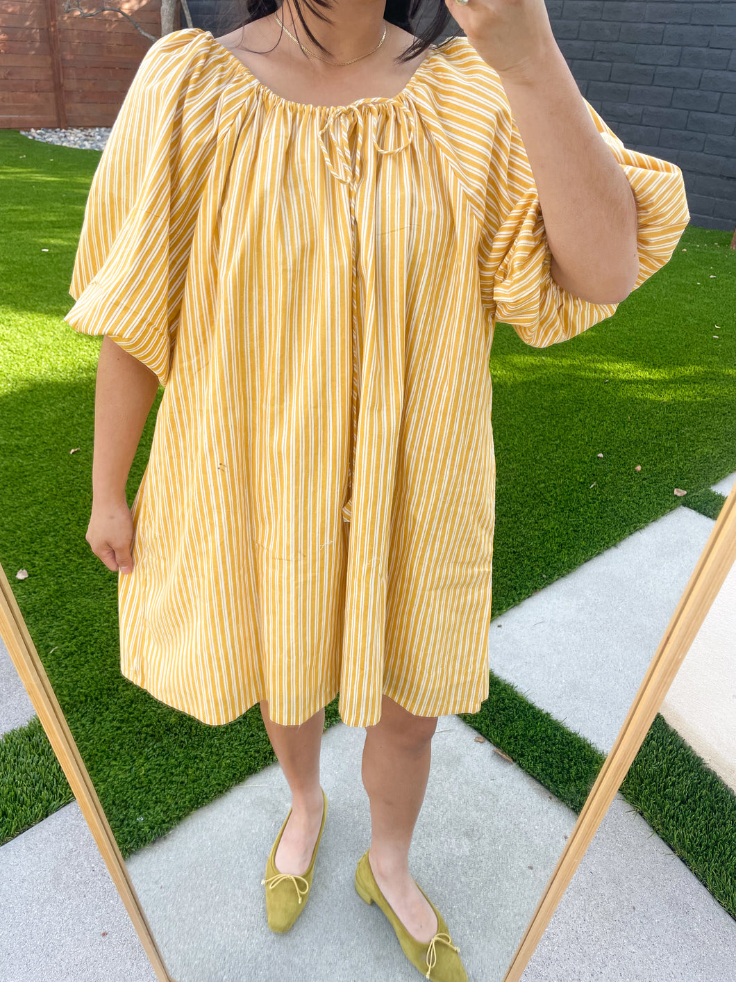 Puff Sleeve Dress in Yellow Stripe