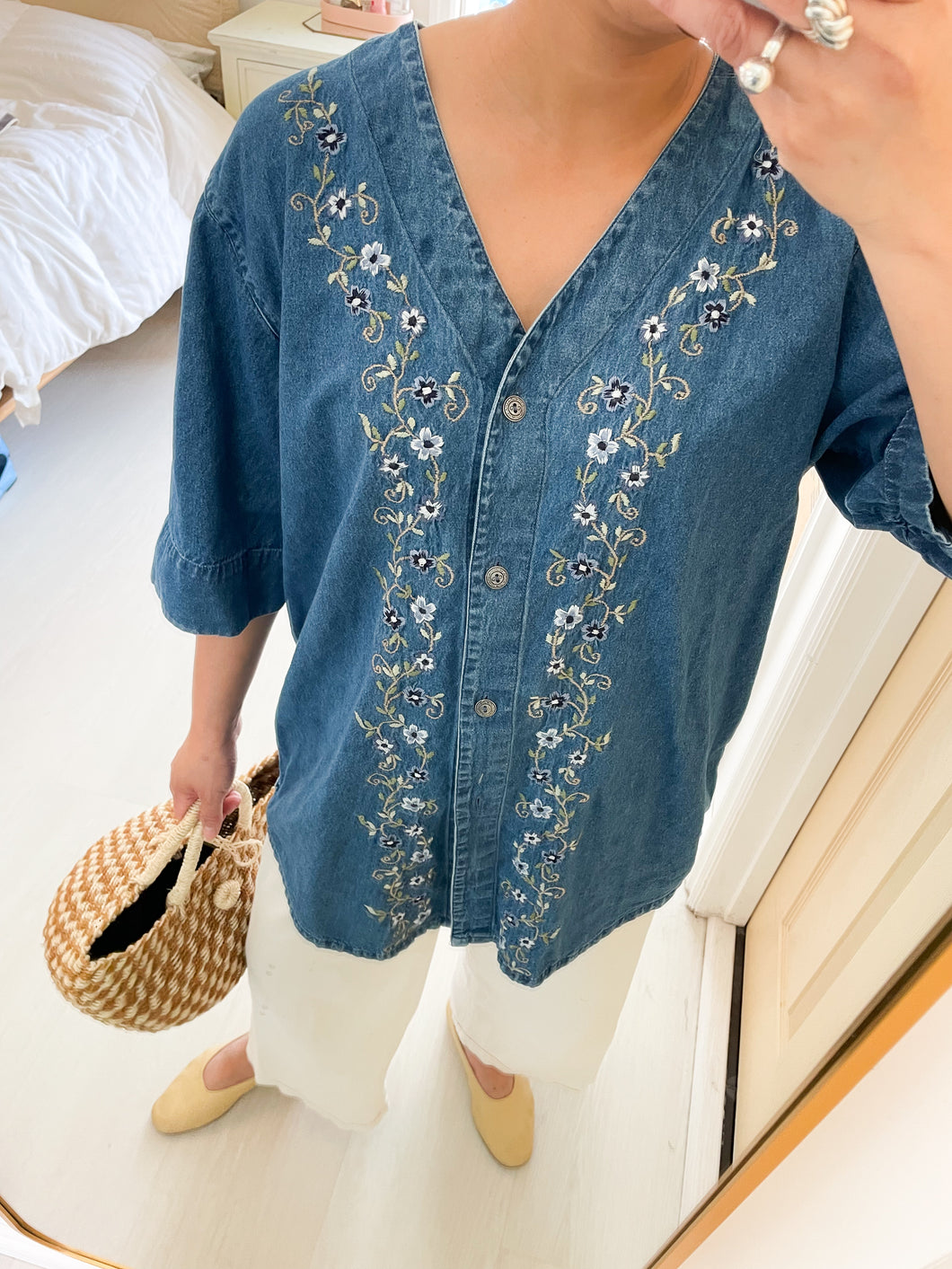 Denim Floral Embroidered Top