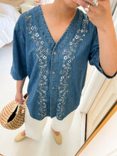 Load image into Gallery viewer, Denim Floral Embroidered Top
