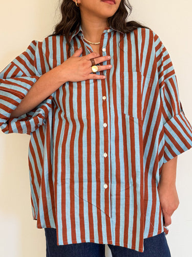 Signature Big Shirt in blue and brown stripe, showing oversized fit and hand block-printed cotton
