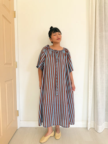SAMPLE SALE: Market Dress in Blue Brown Stripe