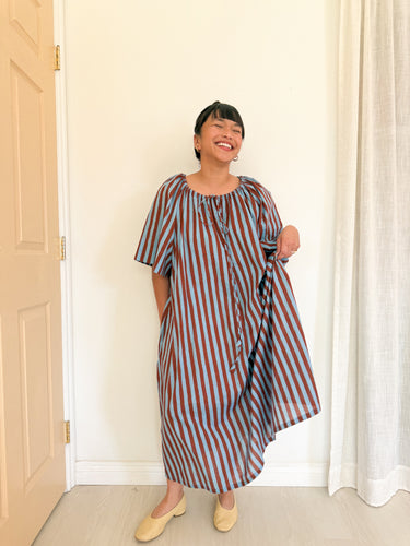 SAMPLE SALE: Market Dress in Blue Brown Stripe