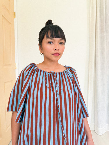 SAMPLE SALE: Market Dress in Blue Brown Stripe