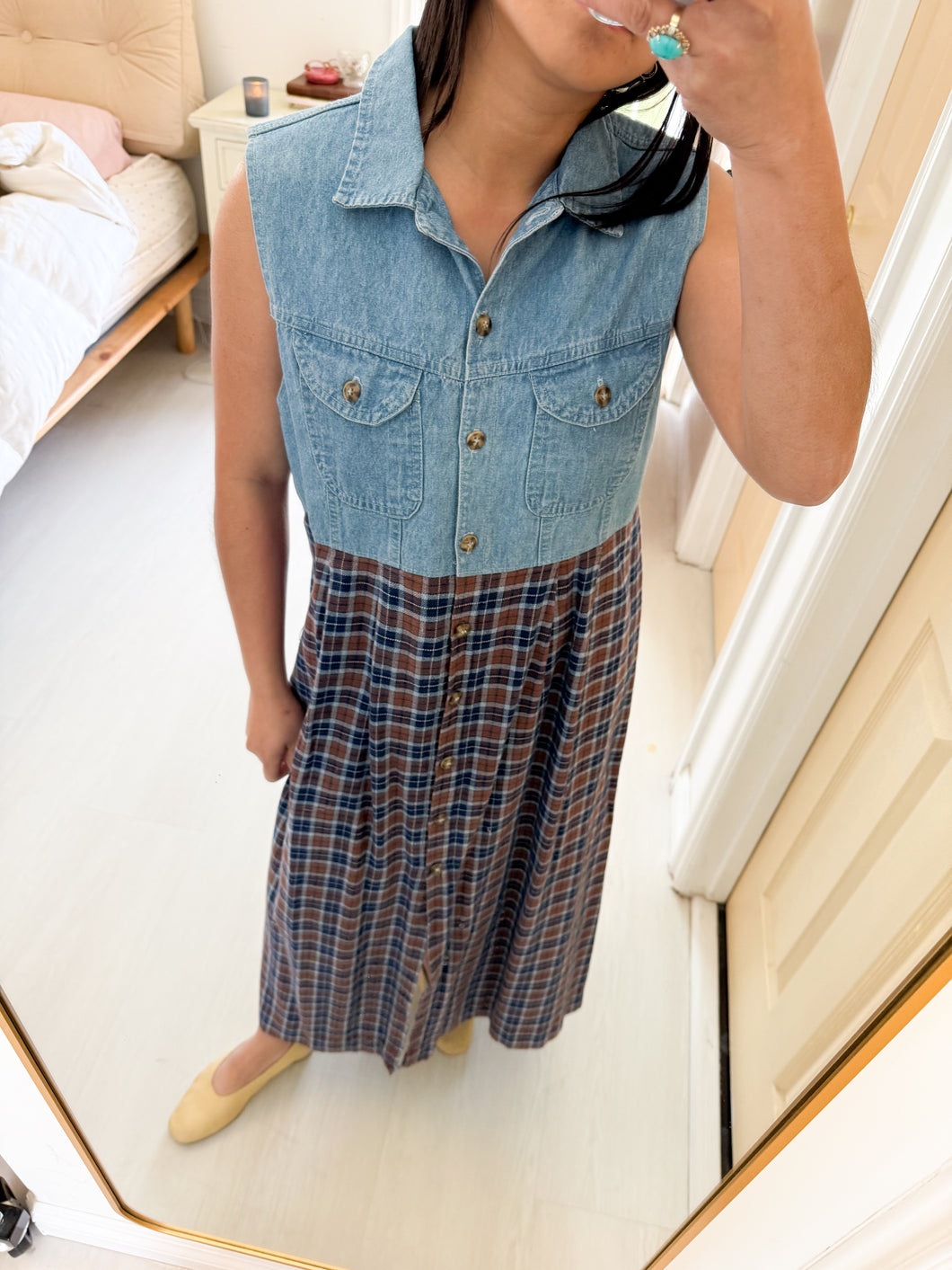 Denim Cotton Flannel Plaid Dress