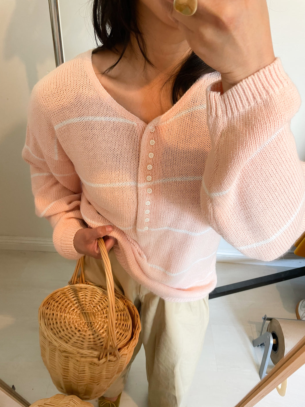 Peach Cotton Henley Sweater